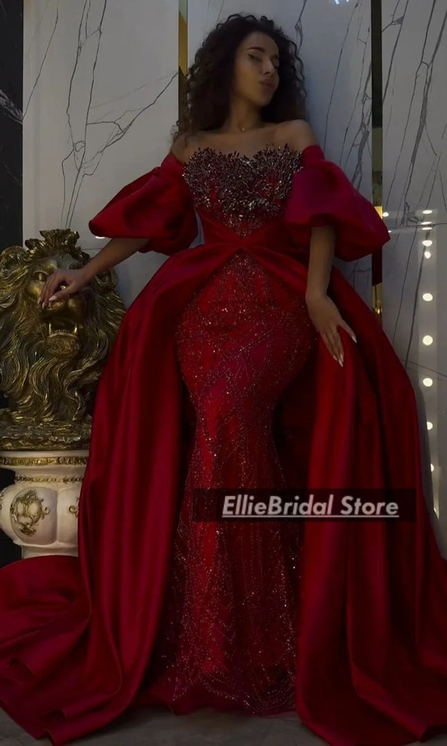 Wunderschöne rote Abendkleider mit abnehmbarer Schleppe Kristall Pailletten Meerjungfrauen Brautkleid Dubai Ballkleider Maßanfertigung