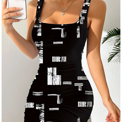 Women's Geometric Print Round Neck Sleeveless Camisole Dress Summer Casual Fashion Comfortable Mid-Length Skirt