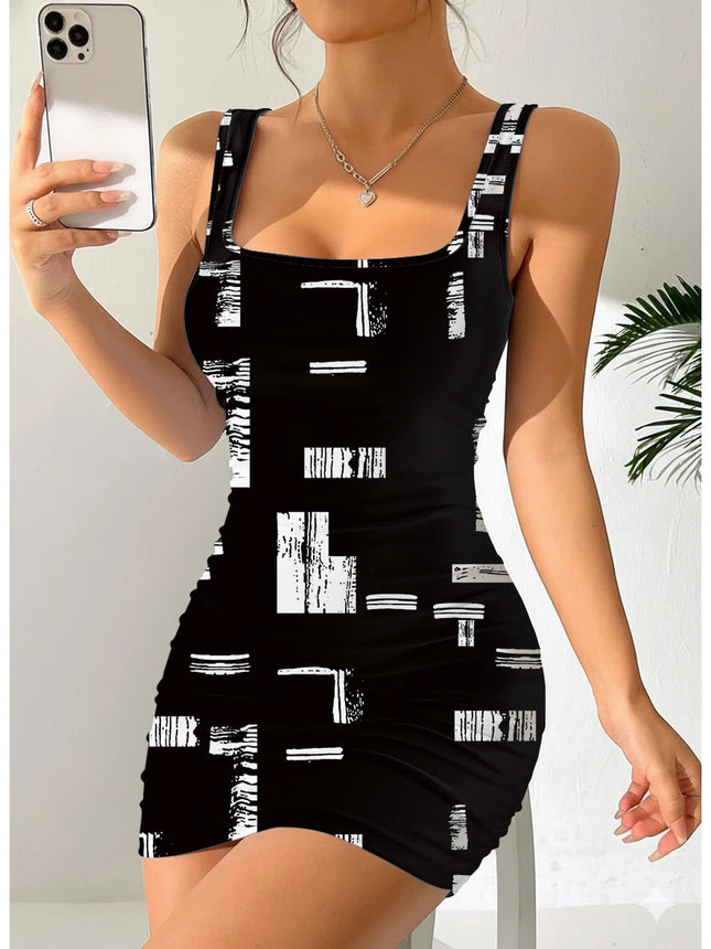 Women's Geometric Print Round Neck Sleeveless Camisole Dress Summer Casual Fashion Comfortable