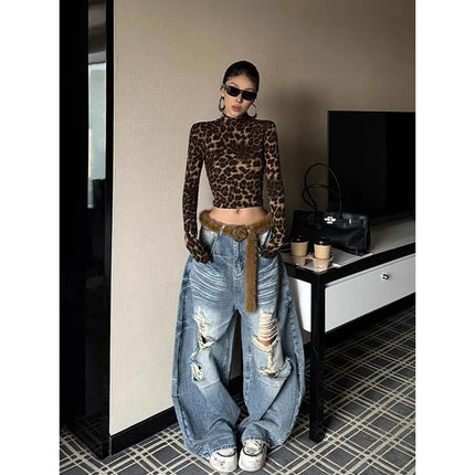 ZHIZOU Women Blue Baggy Y2k Ripped Jeans Hip Hop Grunge Wide Jean Pants Vintage 2000s Harajuku Denim Trousers Clothes Summer