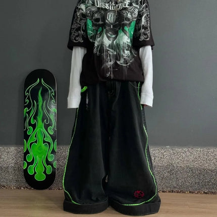 Y2K retro graffiti pattern washed loose hip hop plus size skateboard straight jeans sports casual reflective layered trousers