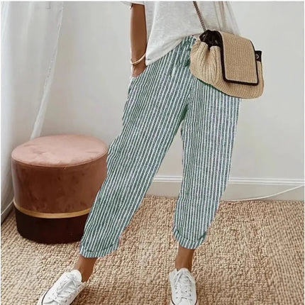European and American Cross border Women's Summer New Fashionable Loose Stripe Printed Elastic Waist Drawstring Casual Pants