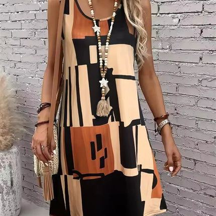 2025 New Fashion Women's Dress Casual Beach Round Neck Sleeveless Loose Dress Summer Women's Vest Striped Print Dress Sundress