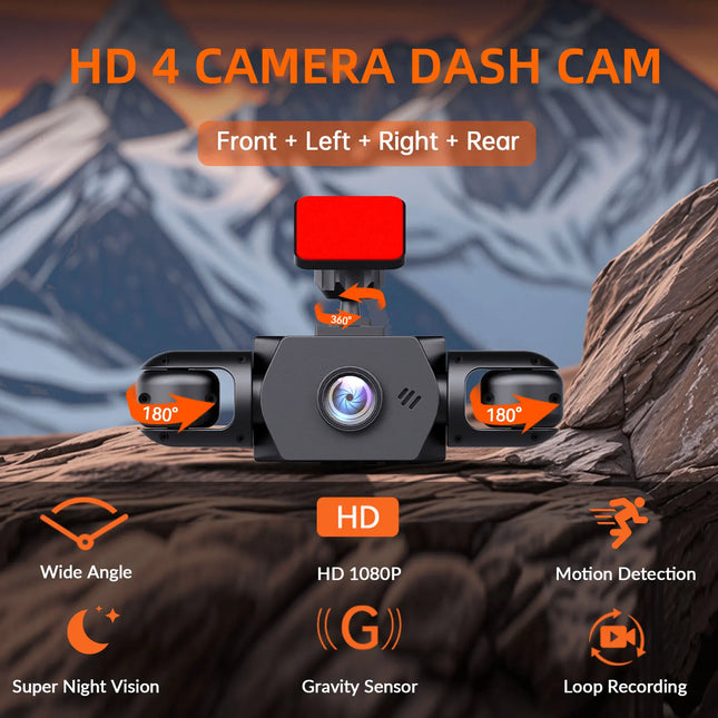 4-Channel 1080P Dash Camera Front Rear Left Right Camera Night Vision Adjustable Lens DVR with 64GB Card for Vehicle Safety