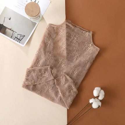 New Women Floral Lace Shirt Spring Autumn Long Sleeve Sexy Mesh Bottoming Shirts Mock Neck Blouse T-Shirt Pullover Top