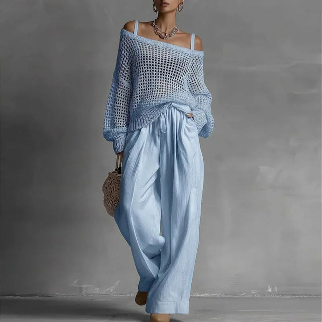 Off Shoulder Hohlstrick Damen Hosen Set Langarm Weite Hose Outfit Lässig Locker Sommer Strand Urlaub Hosen Set Frau