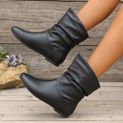 Short Boots Women's White New Pleated Women's Boots Flat Bottomed Versatile Woman Boots Large Size Woman Booties