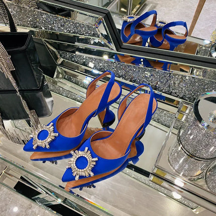 2025 European and American Women's New High Heel Sandals Sunflower Water Diamond Buckle High Heels Pointed Heel Satin Shoes