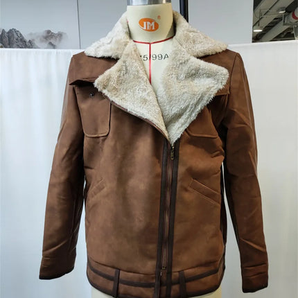 2026 Men's PU Leather Patchwork Zipper Jacket Autumn Winter Fleece Warm Outdoor Coat Casual Cowboy Outerwear Brown Streetwear