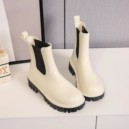 New Short Slip Boots Women's Fashion Round Head Sleeve Waterproof External Wear Heightening Rain Shoes