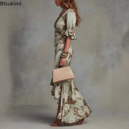 2026 Women's Sexy Deep V Neck Ruffles Maxi Dress Female Fashiont Floral Print Mermaid Party Dress Flare Sleeve Satin Long Dress