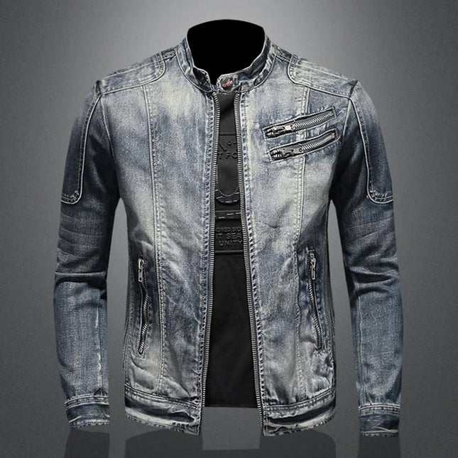 Vintage-Jeansjacke mit Reißverschluss, Stehkragen, Baumwolle, schmale Passform, Oberbekleidung, Herrenmode, lässiger Windbreaker, Herrenbekleidung, Winterjacke Herren