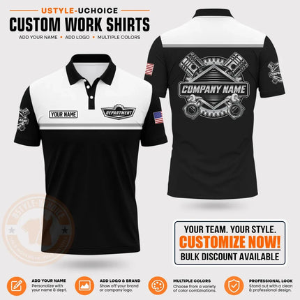 Custom Mechanic Work Pattern Polo Shirt Personalized Name Logo Uniform With Piston Print For Men Women Casual Quick Drying Tees
