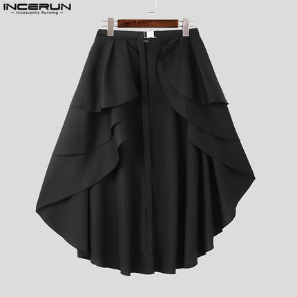 INCERUN American Style Pantalons Stylish Men Ruffled Double Layered Half Skirt Pants Casual Clubwear Male Solid Lace Up Trousers