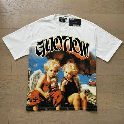 Fashion Brand Mixed Emotion Embroidery Rhinestone American Streetwear Angel Print Hot Diamond Top Tee Men Women Loose T shirts