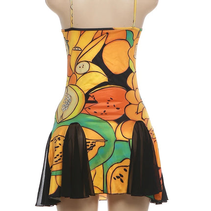Whatiwear Fashion Mini Dress Woman Colorful Print Mesh Patchwork Low-Neck Backless Sleeveless Summer Holiday Beach Style Bodycon