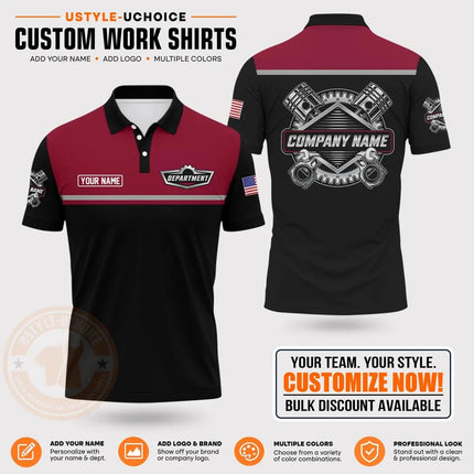 Custom Mechanic Work Pattern Polo Shirt Personalized Name Logo Uniform With Piston Print For Men Women Casual Quick Drying Tees