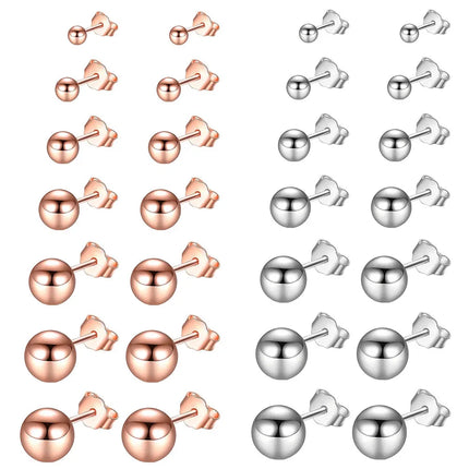 1 Pair Hypoallergenic Stainless Steel Ball Stud Earrings for Men and Women Silver Rose Ball Studs Size 2-8mm