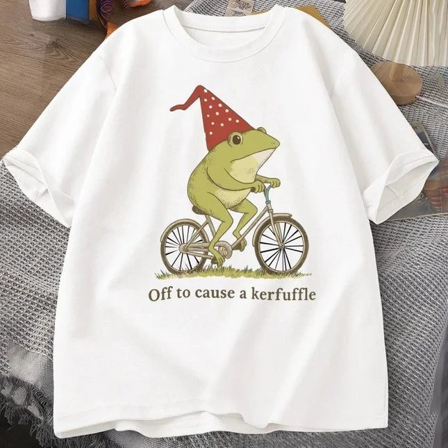 Off To Cause A Kerfuffle Frosch T-Shirt Lustige Weirdcore Sprüche Einzigartiges T-Shirt Erwachsene Joker Damen Grafik-T-Shirt Damen Sommer-Oberteile Y2K