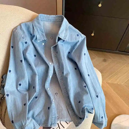 American Retro Blue Soft Denim Shirt Women's Spring Autumn Heart Print Thin Coat Casual Versatile Loose Long Sleeve Top Shirt