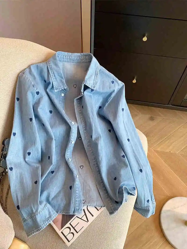 Amerikanisches Retro Blaues Weiches Jeanshemd Damen Frühling Herbst Herzprint Dünner Mantel Lässiges Vielseitiges Lockeres Langarm-Oberteil Hemd