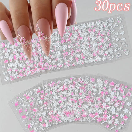 3D Colorful Flowers Cherry Blossoms Rose Daisy Nail Decals 20/30/60/70/90pcs Cute Heart Nail Sticker Manicure Decoration 5.5*6cm