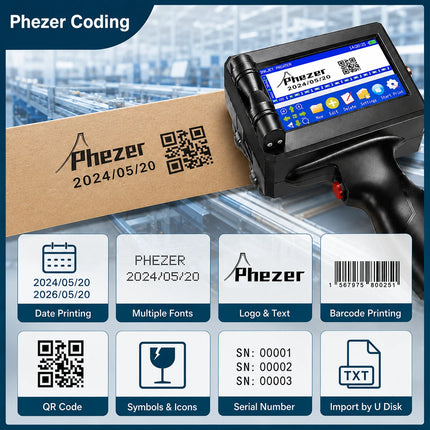 Phezer 12.7/25.4mm Handheld Inkjet Printer QR Code Barcode Batch Code Date Number Logo Expiry Portable Label Printer