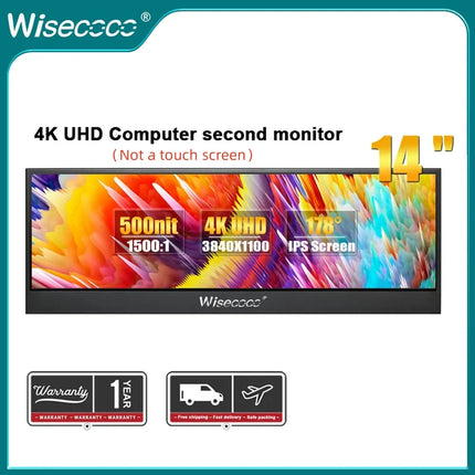 Wisecoco 14" 4K UHD 3840x1100 Portable Monitor IPS LCD Touch Screen Bar Monitor Secondary Screen for PC Computer Case GPU Aida64