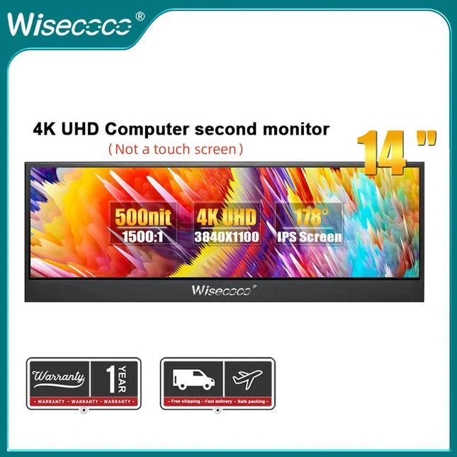 Wisecoco 14 Zoll 4K UHD 3840x1100 Tragbarer Monitor IPS LCD Touchscreen Bar Monitor Zweitbildschirm für PC Computergehäuse GPU Aida64