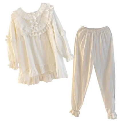Cute Women Princess Ruffle Pajama Sets Tops+Pants.Vintage Lady White Jacquard Cloth Pyjamas Set Victorian Girl's Home Sleepwear