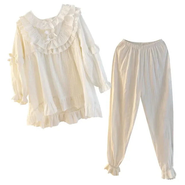 Niedliche Damen Prinzessin Rüschen Pyjama-Sets Oberteile+Hosen. Vintage Lady Weißer Jacquard-Stoff Pyjama-Set Viktorianisches Mädchen Home Nachtwäsche
