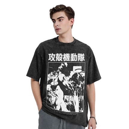 Vintage Washed T-Shirts Ghost In The Shell Print T Shirt Men Women Clothing Cotton Tee Shirt Summer Short Sleeve Streetwear