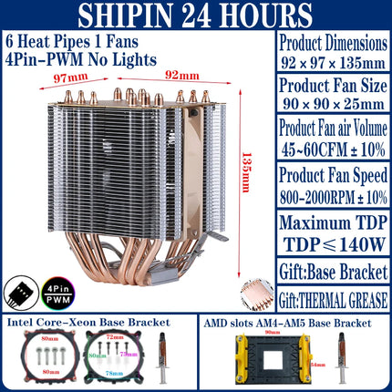 6 Heat Pipe Twin Towers Air-cooled Computer Cooler CPU Cooling 90mm Fan 4pin/PWM Installing LGA2011 2066 x79 x99 2099 E5 E3 AMD