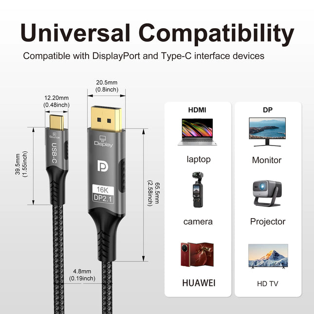 USB C to DisplayPort 16k 2.1 Cable One-way 8K@60Hz 4K@144Hz 80Gbps Type-C to DP2.1 Cable