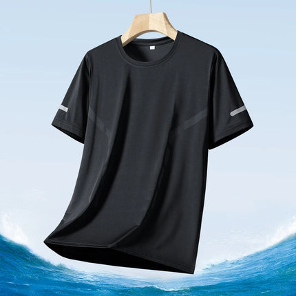 Summer Men's Silk Ice Round Collar T-shirt, Simple Running Fitness Suit, Breathable Thin T-shirt, Quick Dry T-shirt, Summer Tees