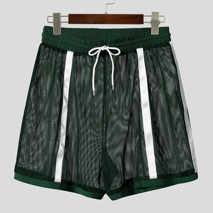 INCERUN Summer Men Shorts Mesh Patchwork Drawstring Loose See Through Male Shorts Streetwear 2025 Sexy Vacation Men Bottoms