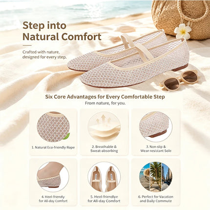 Cream mesh flats displayed near the beach with upper and sole detail insets