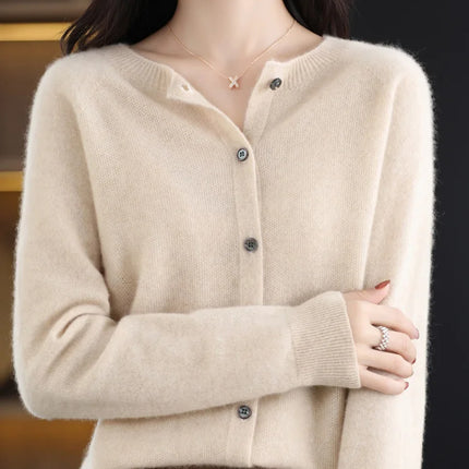 New Fashion Spring 100% Merino Wool Womens O-neck Cardigan Cashmere Sweater 2024 Female Clothing Grace Knitwear Korean Tops