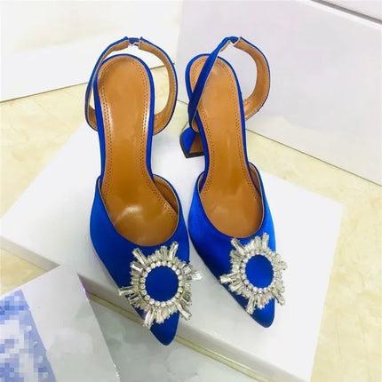2026  European and American Women's Satin High Heels Pointed Sun Buckle Decorative Fashion Shoes