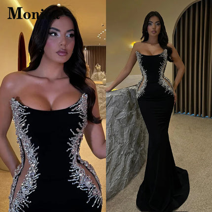 MONICA Trendy Strapless Evening Dresses for Women Rhinestones Mermaid Cut-out Sleeveless Vestidos De Noche Customized Plus Size