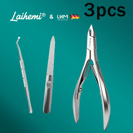 3Pcs Professional Cuticle Nipper Set - 3mm 45° Sharp Stainless Steel Nail Cuticle Trimmer with Cuticle Pusher & Nail File, One-C
