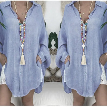 Summer Long Sleeve Shirt Women's Button Loose Casual Shirt Beach Wear Top Swim Cover Up Solid Color Loose Shirts ladies clothes
