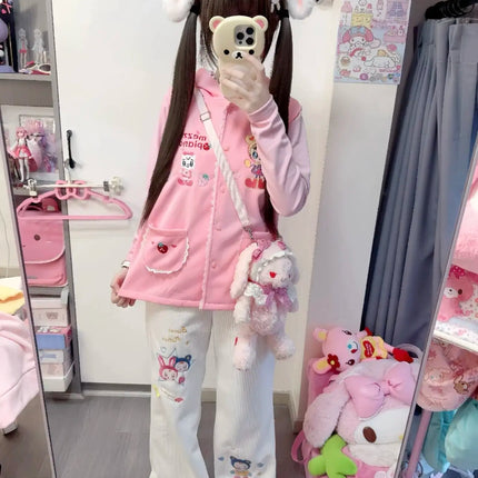 Japanese Sweet Cartoon Mp Jojifuku Pink Hooded Sleeveless Vest + Long-sleeved T-shirt + White Pants 3 Pcs Sets Women Y2k Suits