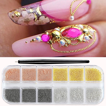 12Grids Mini Caviar Beads Nail Art Decorations Metal Gold/Silver Micro Ball Nail Charms Magnetic Pen 0.5~3mm Ball Nail Jewelry