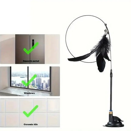 Cat Teaser Toy - Interactive Bell & Feather Wand - Long Suction Cup Pole for Exciting Playtime Adventures - product image fro