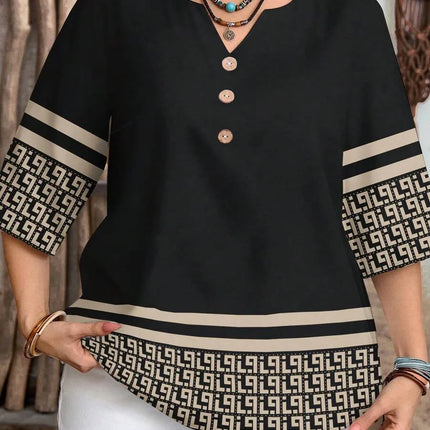 Plus size women's spring/summer/autumn new retro pattern front button leisure short sleeve shirt essential summer outfit
