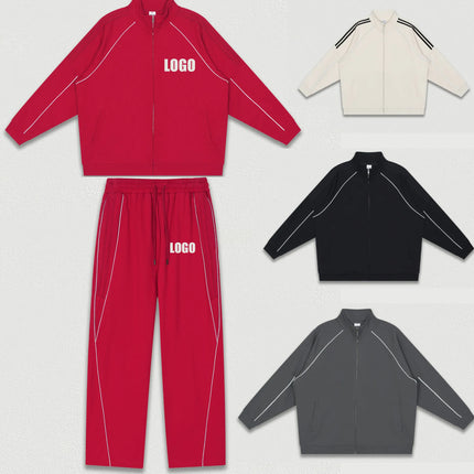 Custom LOGO Men's Autumn 365G Reflective Striped Sports Cardigan Sweater Casual Straight Sweatpants Couple Two-piece Set