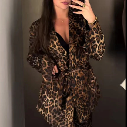 HXAO Leopard Pants Sets 2 Piece Set Vintage Long Blazer Jacket Two Piece Set Autumn Formal Women Pants Suit Belt Women's Set