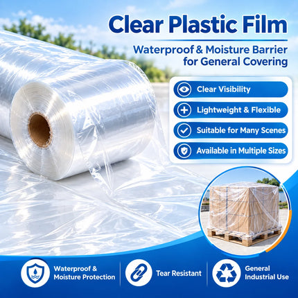 Clear plastic tarp roll with feature icons and a wrapped pallet