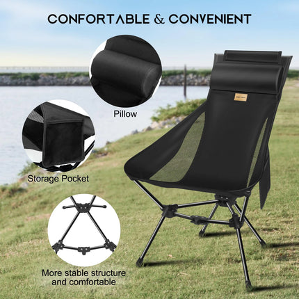 WESTTUNE Lightweight Folding High Back Camping Chair with Head Support Portable Compact Outdoor Travel Picnic Beach Longue Chair